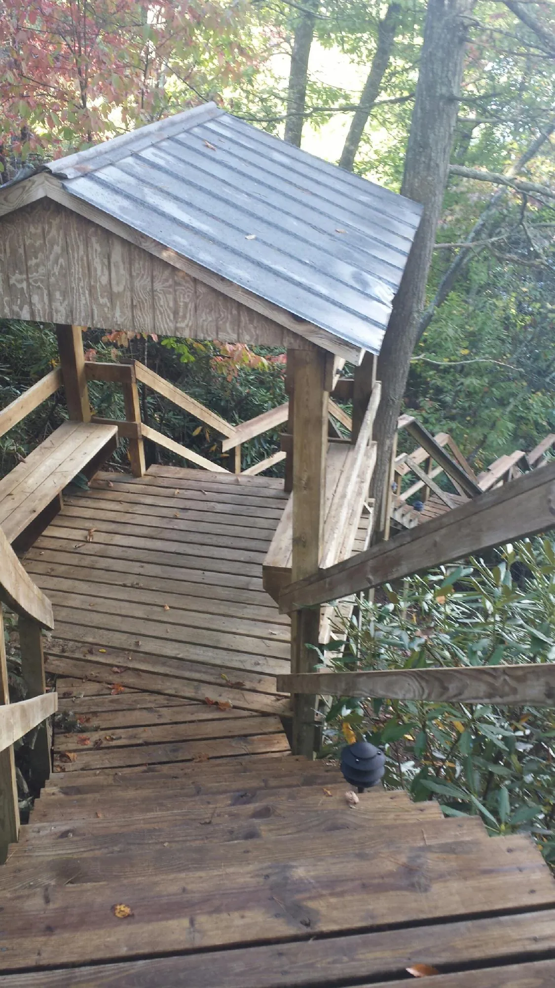 Metal roofed shelter over wooden steps on a wooded walkway — Skylight Repair & Installation work by our crew in Fossil